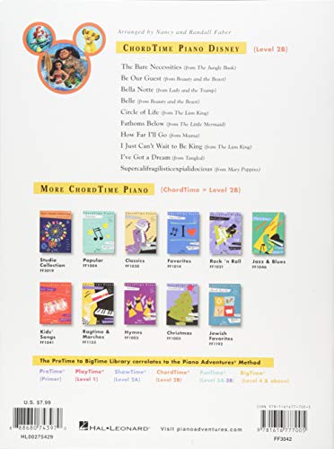 ChordTime Piano Disney - Piano Sheet Music 10 Disney Songs from Moana, The Lion King, Beauty and the Beast & More Easy Arrangements for Level 2B Pianists Faber Piano Adventures
