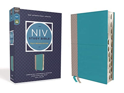 NIV Study Bible, Fully Revised Edition (Study Deeply. Believe Wholeheartedly.), Leathersoft, Teal/Gray, Red Letter, Thumb Indexed, Comfort Print