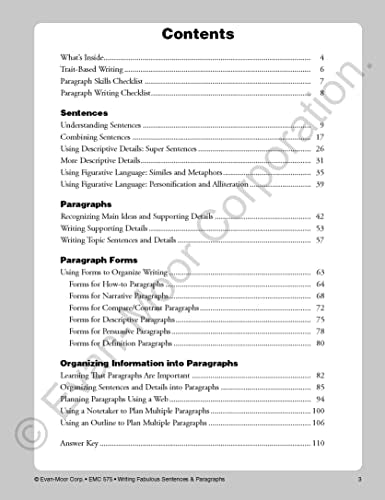 Evan-Moor Writing Fabulous Sentences & Paragraphs, Grades 4-6, Homeschool & Classroom Workbook, Activities, Main Ideas, Topic Sentences, Figurative Language, Descriptive Details, Writing Skills — back cover