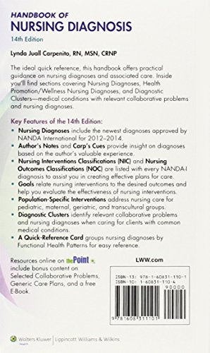 Handbook of Nursing Diagnosis (HANDBOOK OF NURSING DIAGNOSIS ( CARPENITO)) — back cover