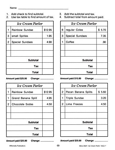 Menu Math: Old-Fashioned Ice Cream Parlor (Addition & Subtraction) Reproducible Activity Book & Full-Color Menu