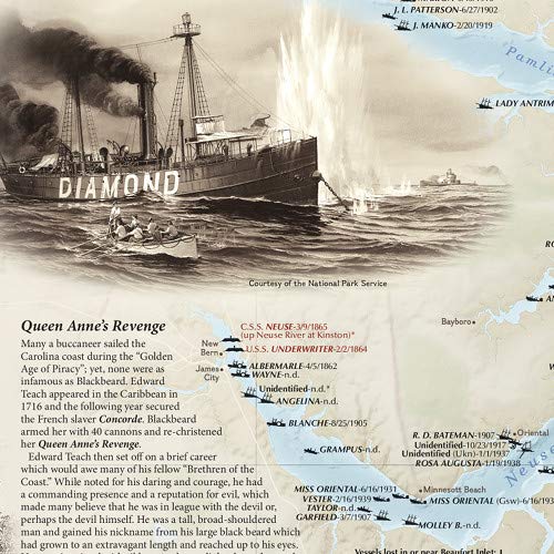 National Geographic Shipwrecks of the Outer Banks Wall Map (28 x 36 in) (National Geographic Reference Map)