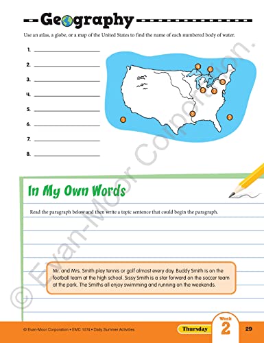 Evan-Moor Daily Summer Activities, Grade 3-4 Workbook, Stickers, Prevent Learning Loss, Reading Comprehension, Writing, Math, Grammar, Punctuation, Spelling, Multiplication, Fractions, Geography, Maps
