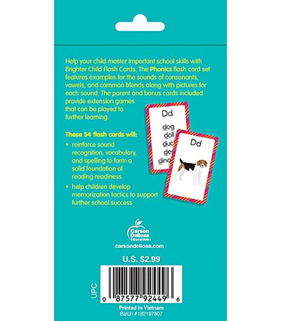 Carson Dellosa Phonics Flash Cards for Kids Ages 4-8, Sound Recognition Skills With Vowels, Consonants and Common Blends for Preschool, Kindergarten, ... 4+ (54 Cards) (Brighter Child Flash Cards)