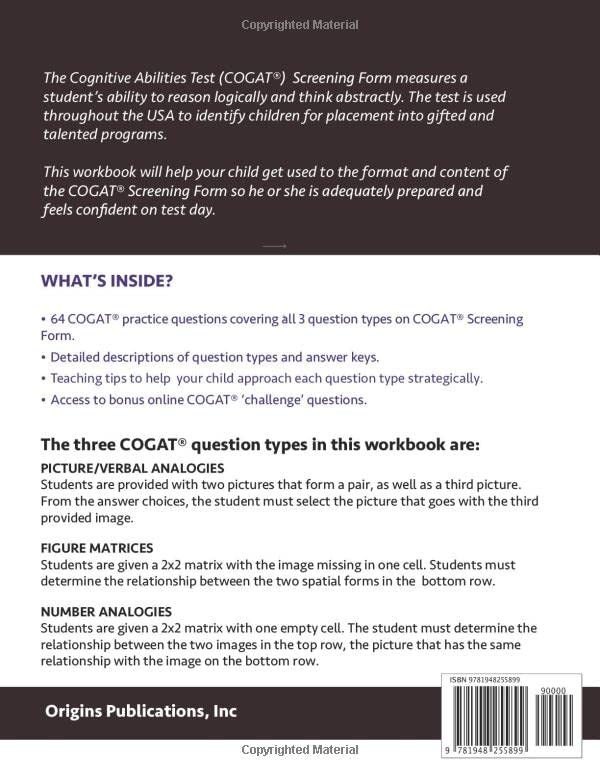 COGAT Screening Form Practice Test: Grade 5 Level 11: Practice Questions from CogAT Form 7 / Form 8 Analogies Sections: Verbal/Picture Analogies, Number Analogies, & Figure Matrices