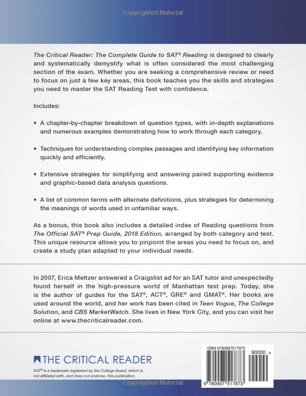 The Critical Reader, 3rd Edition: The Complete Guide to SAT Reading — back cover