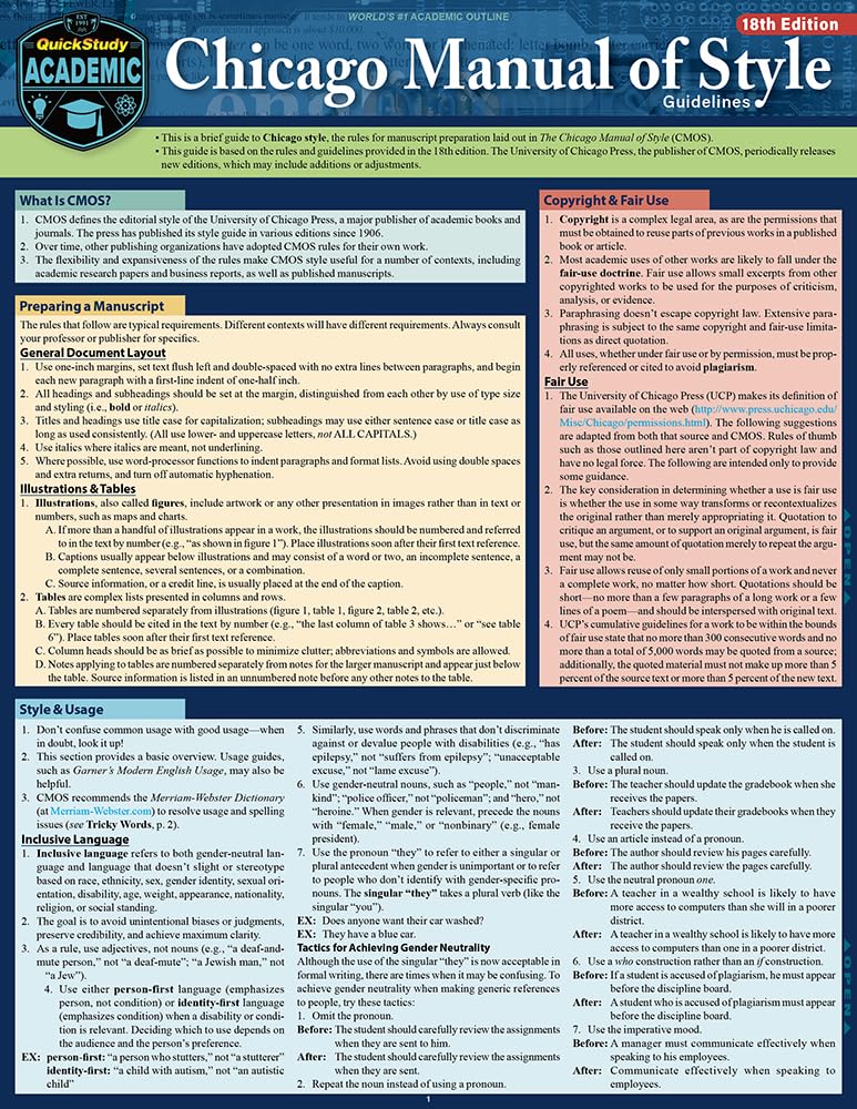 Chicago Manual of Style Guidelines - 18th edition: a QuickStudy Laminated Reference Guide