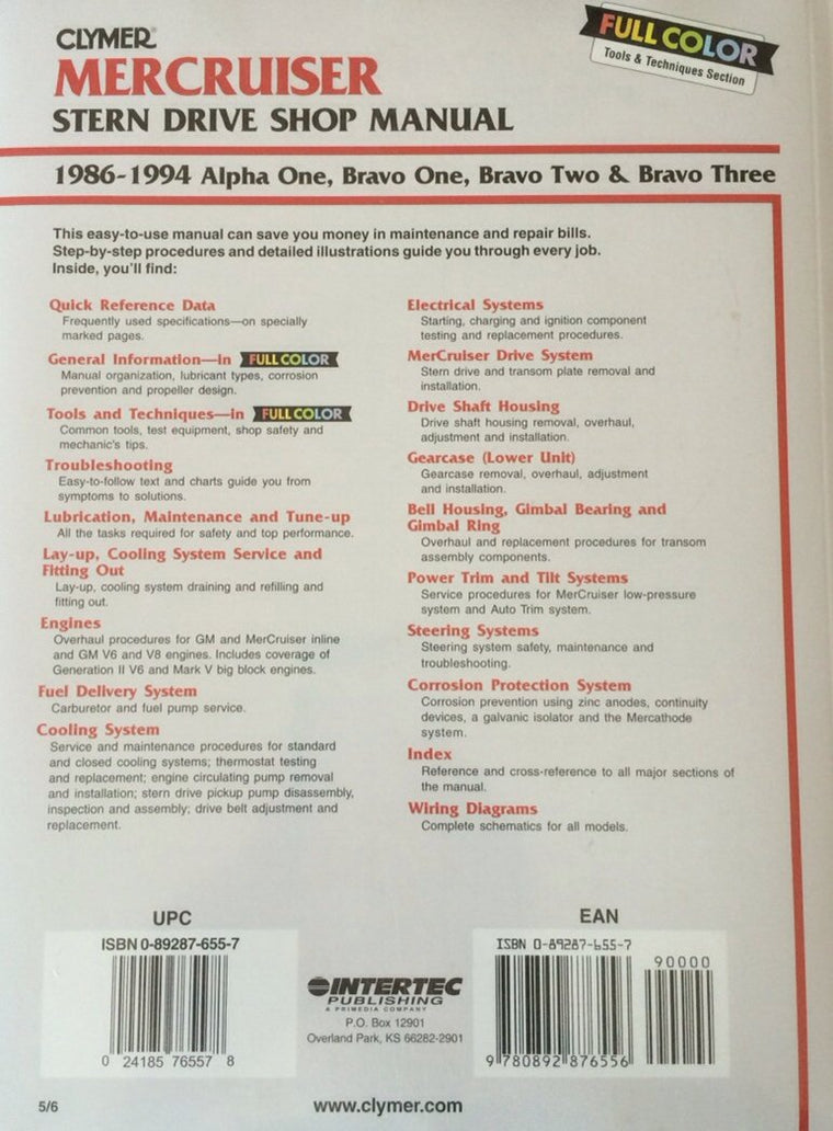 Clymer Mercruiser Stern Drive Shop Manual : 1986-1994, Alpha One, Bravo One, Bravo Two & Bravo Three — back cover