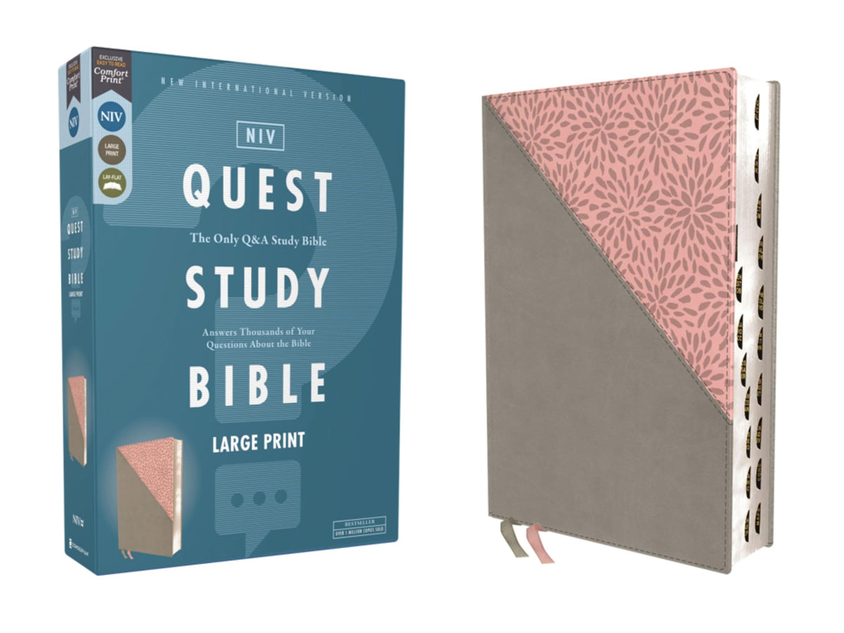 NIV, Quest Study Bible, Large Print, Leathersoft, Gray/Pink, Thumb Indexed, Comfort Print: The Only Q and A Study Bible