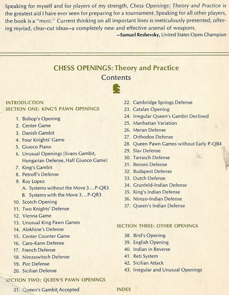 Chess Openings: Theory And Practice — back cover