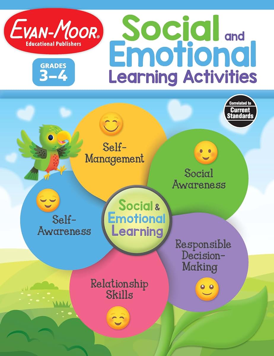 Evan-Moor Social and Emotional Learning Activities, Grades 1-2, Homeschool and Classroom Resource, Reproducible Worksheets, Workbook, Self-Awareness, Relationships, Mindfulness, Kindness, Puzzles, SEL