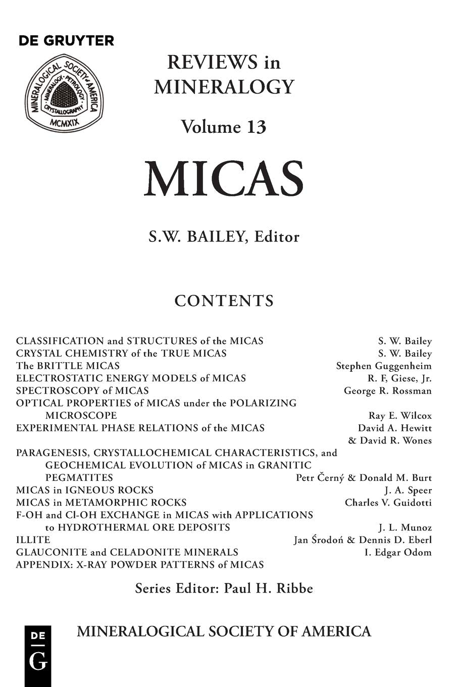 Micas . Reviews in Mineralogy Volume 13