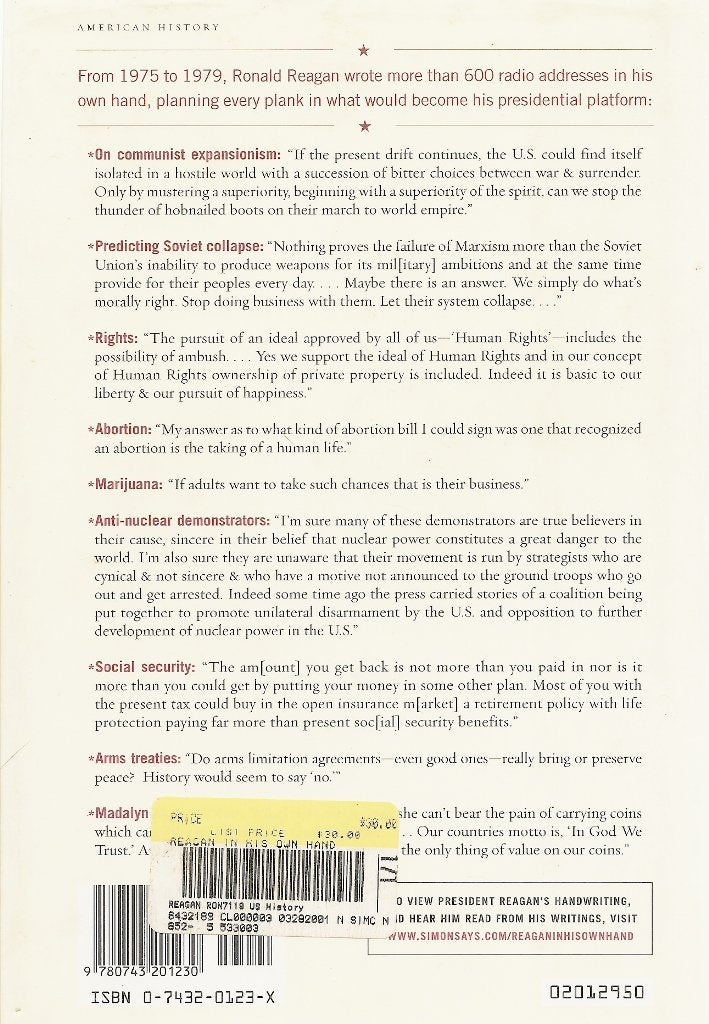 Reagan, In His Own Hand: The Writings of Ronald Reagan that Reveal His Revolutionary Vision for America