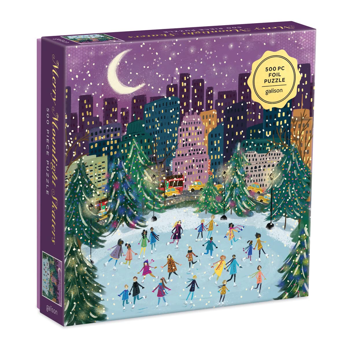 Galison Merry Moonlight Skaters 500 Piece Foil Puzzle from Galison - Featuring Beautiful Illustrations of a Festive Winter Scene with Gold Foil Accents, 20" x 20", Makes a Wonderful