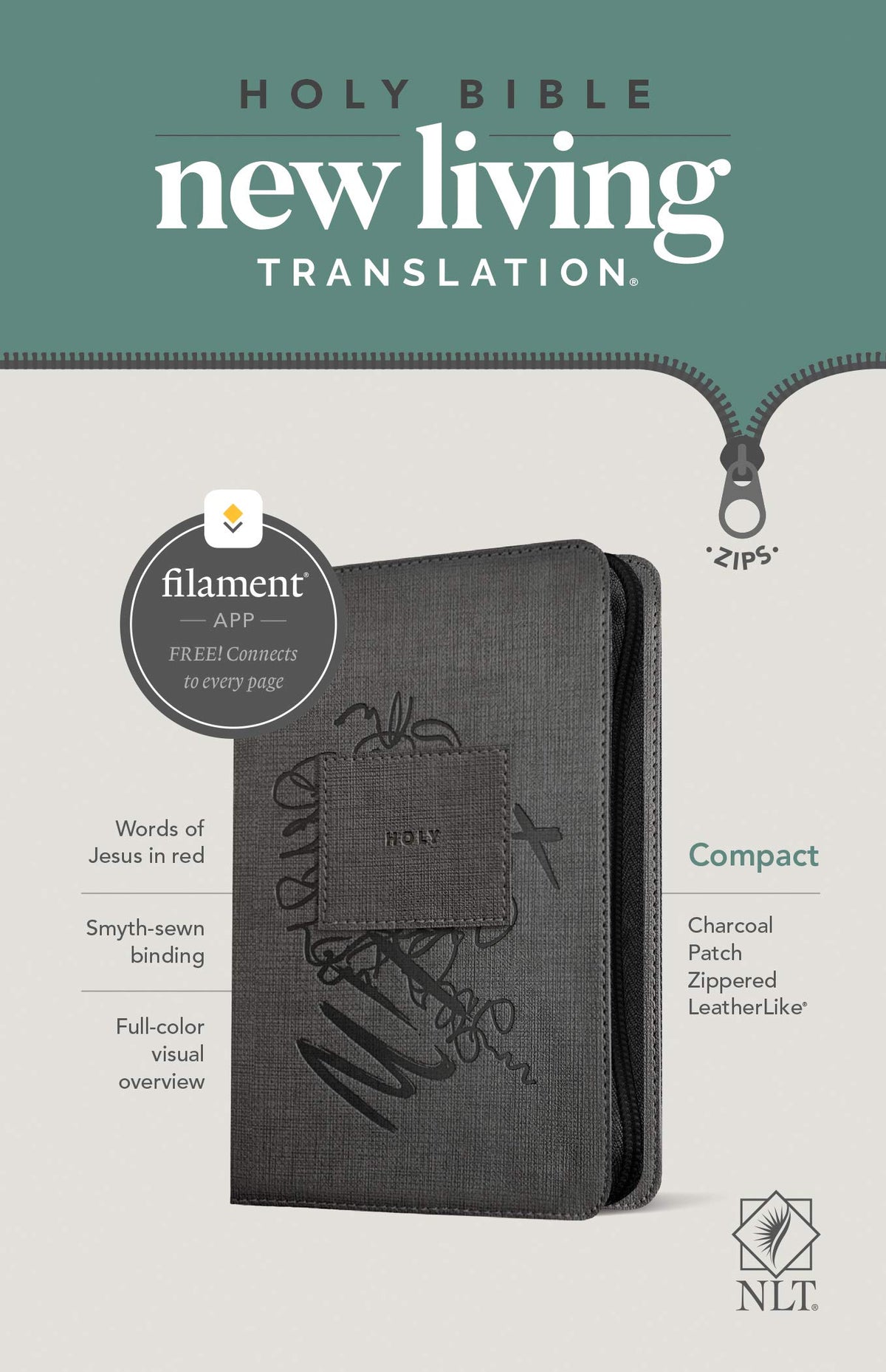NLT Compact Zipper Bible, Filament Enabled (LeatherLike, Charcoal Patch, Red Letter)