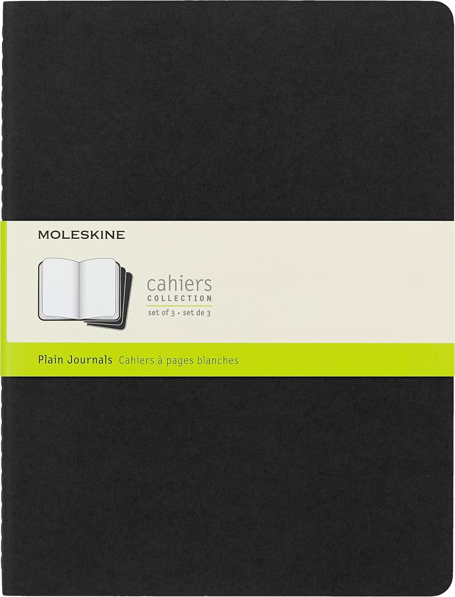 Moleskine Cahier Journal, Soft Cover, XL (7.5" x 9.5") Plain/Blank, Black, 120 Pages (Set of 3)