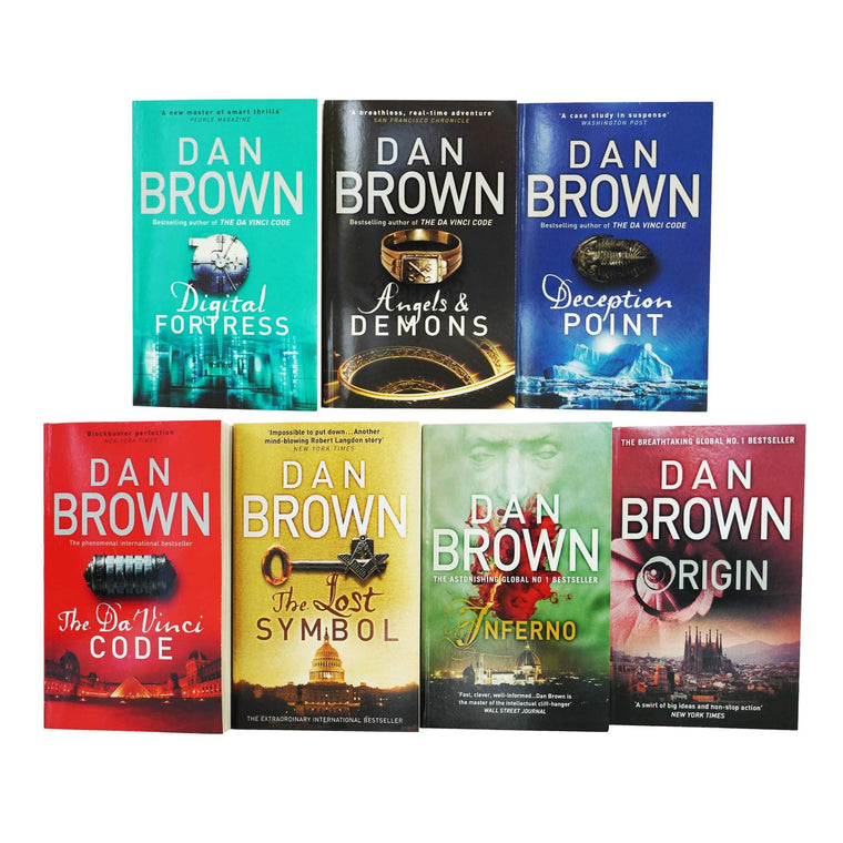 Robert Langdon Series Collection 7 Books Set By Dan Brown (Angels And Demons, The Da Vinci Code, The Lost Symbol, Inferno, Origin, Digital Fortress, Deception Point) — back cover