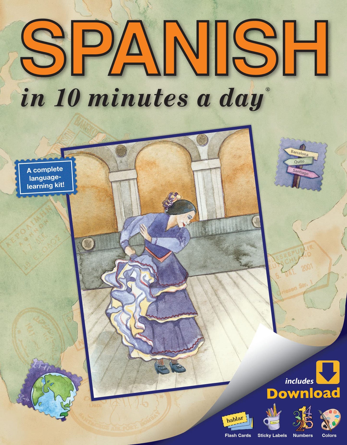 SPANISH in 10 minutes a day: Language course for beginning and advanced study. Includes Workbook, Flash Cards, Special Labels, Menu Guide, Software, ... Grammar. Bilingual Books, Inc. (Publisher)