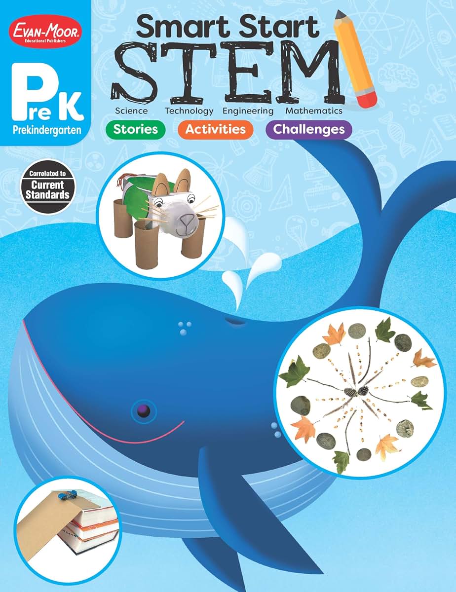 Evan-Moor Smart Start STEM Workbook, Grade PreK, Science, Technology, Engineering, Math, Hands On Activities, Problem Solving, Critical Thinking, Fine Motor Skills, Sequencing, Animals, Homeschool