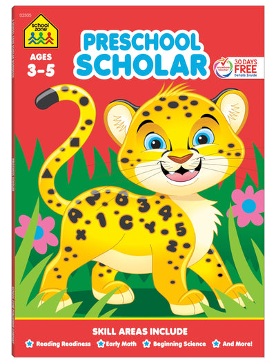 School Zone Preschool Scholar Workbook: 64 Pages, Pre-K, Kindergarten, Beginner Reading, Early Math, Science, ABCs, Writing, Problem Solving, Ages 3-5