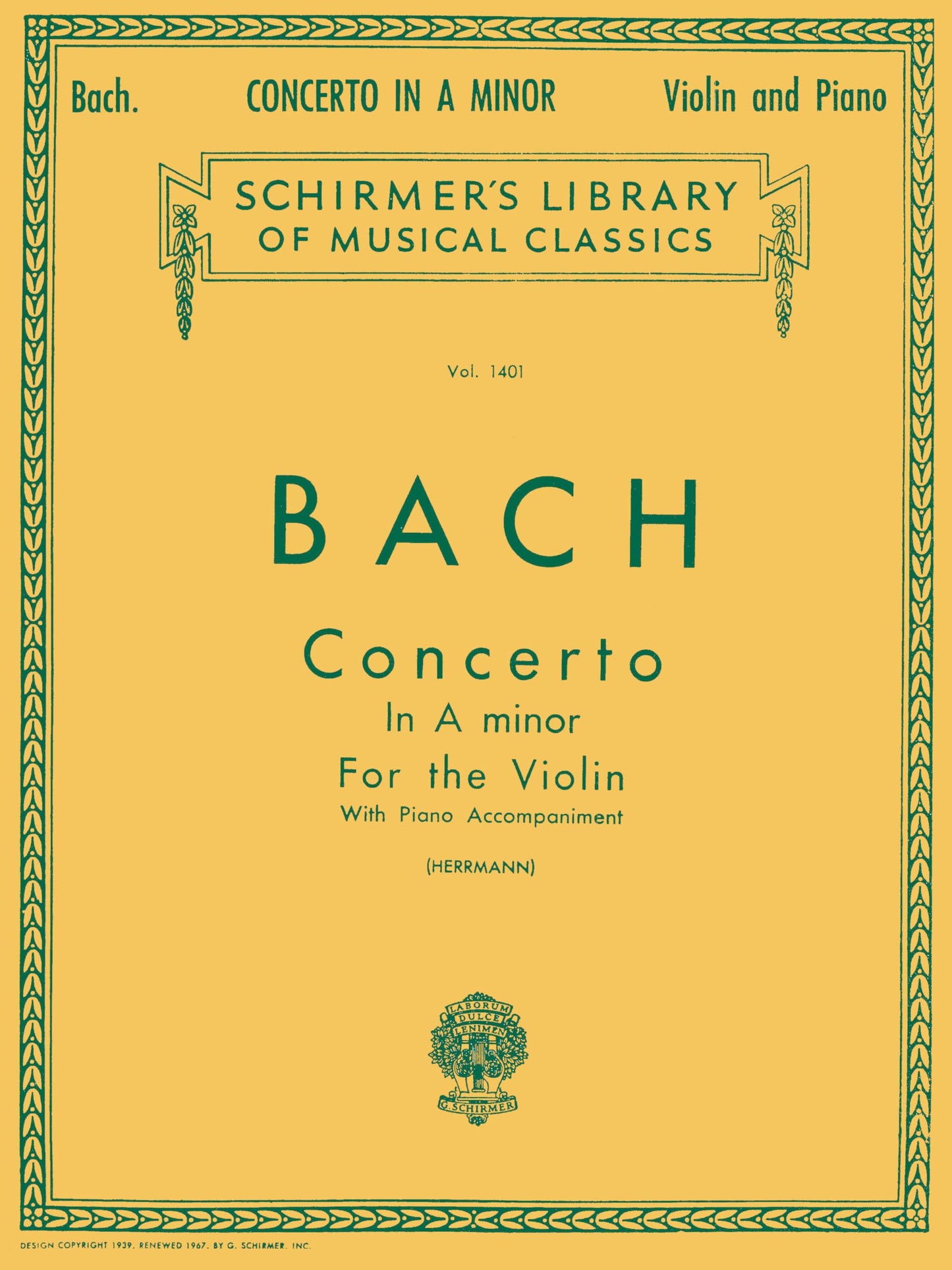 Bach: Concerto in A Minor for Violin and Piano Reduction Schirmer Library of Musical Classics Vol 1401 Baroque Violin Sheet Music with Score and Parts String Solo Songbook