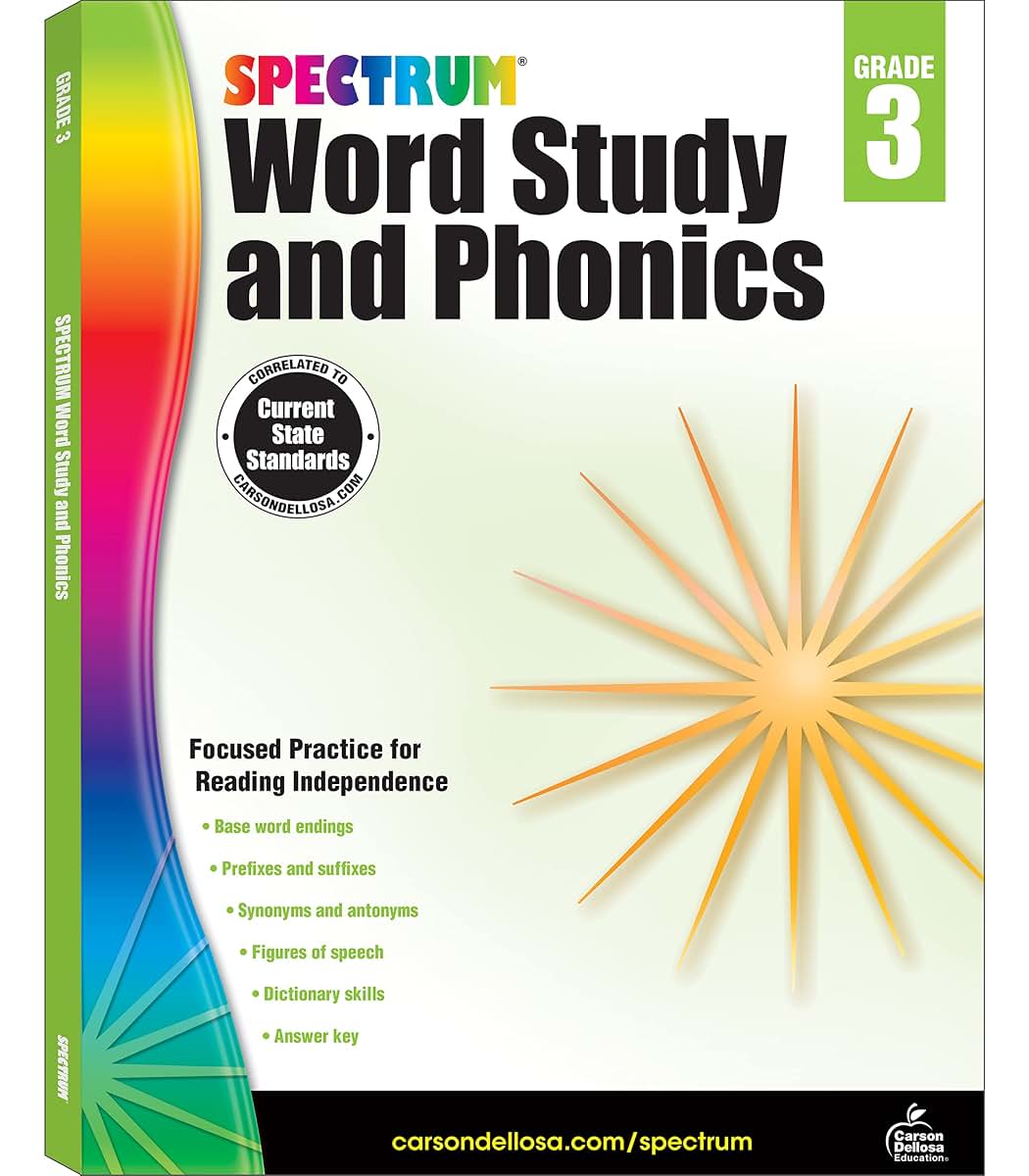 Spectrum Word Study 3rd Grade Workbook, Ages 8 to 9, Grade 3 Word Study, Phonics, Blends and Diagraphs, Vocabulary Builder, Dictionary Skills, Synonyms and Antonyms - 168 Pages