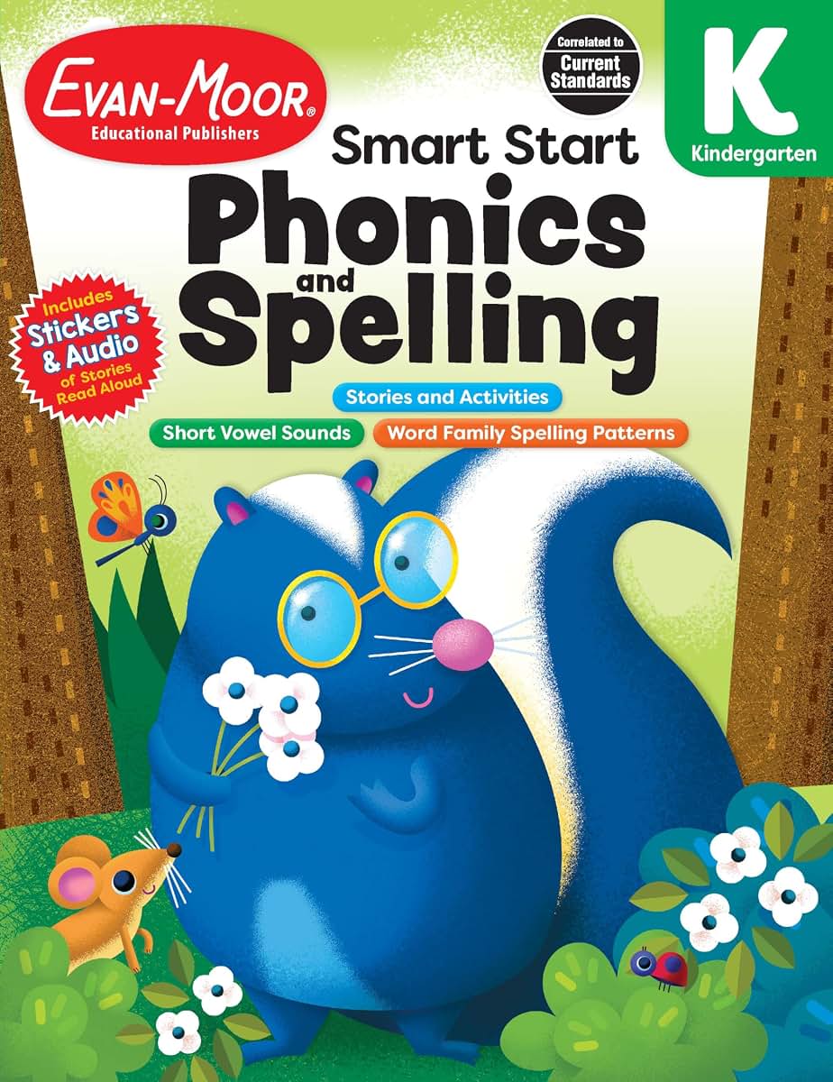 Evan-Moors Smart Start Phonics and Spelling Workbook for Kindergarten, Beginning Reading, Spelling patterns, Learn to Read, Homeschool, Word families, Stickers, Print Copy, Audio stories