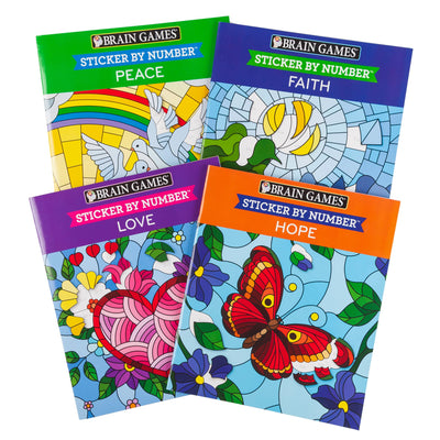 4 Booklet Set - Brain Games - Sticker by Number: Love, Peace, Hope, Faith