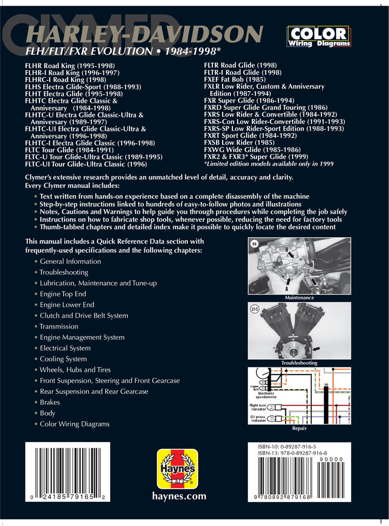 Harley-Davidson FLH/FLT/FXR Evolution 1984-1998 (Clymer Motorcycle Repair Manual) — back cover