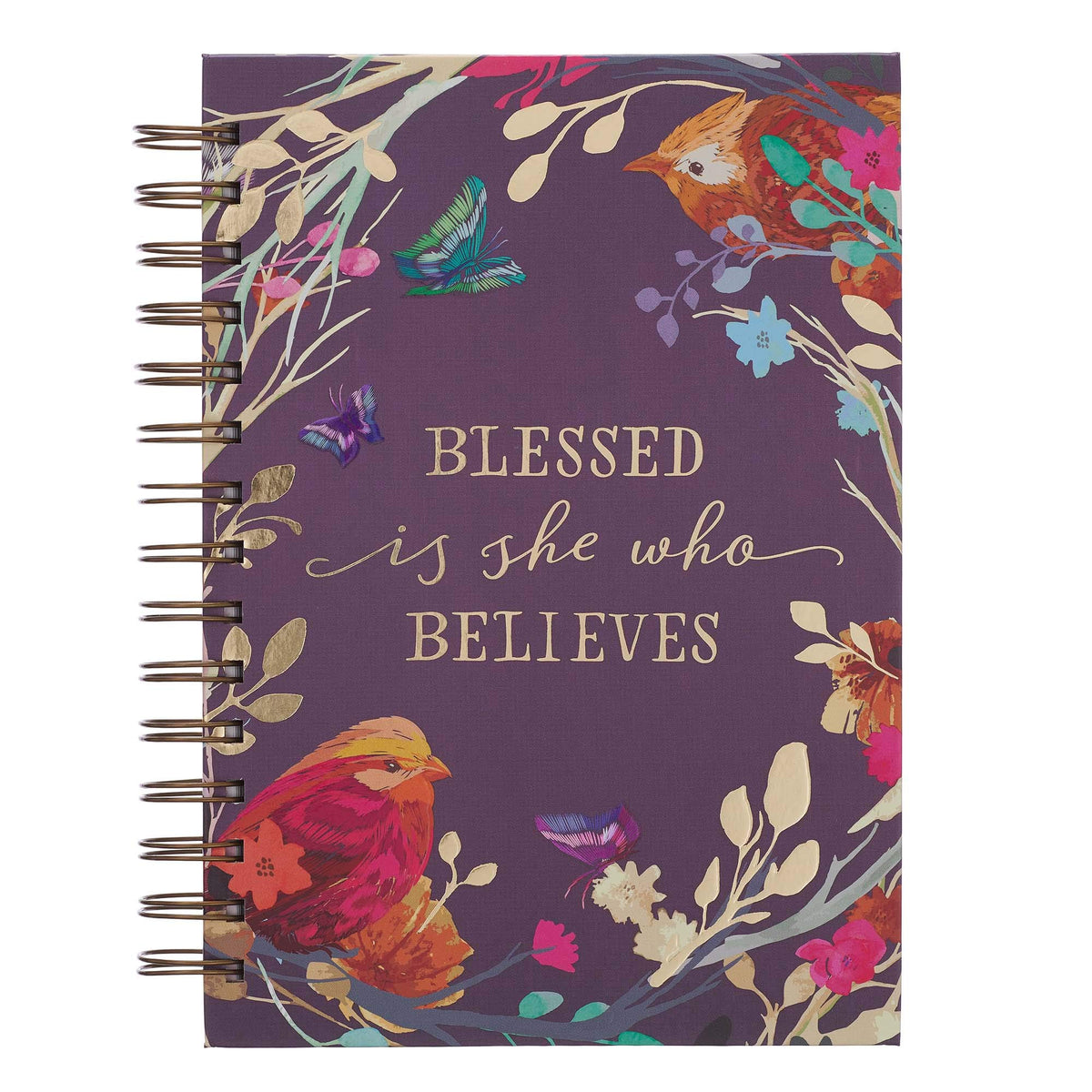 WITH LOVE Inspirational Spiral Journal Notebook for Women Blessed Is She Who Believes Birds/Floral Eggplant Wire Bound w/192 Ruled Pages, Large Hardcover