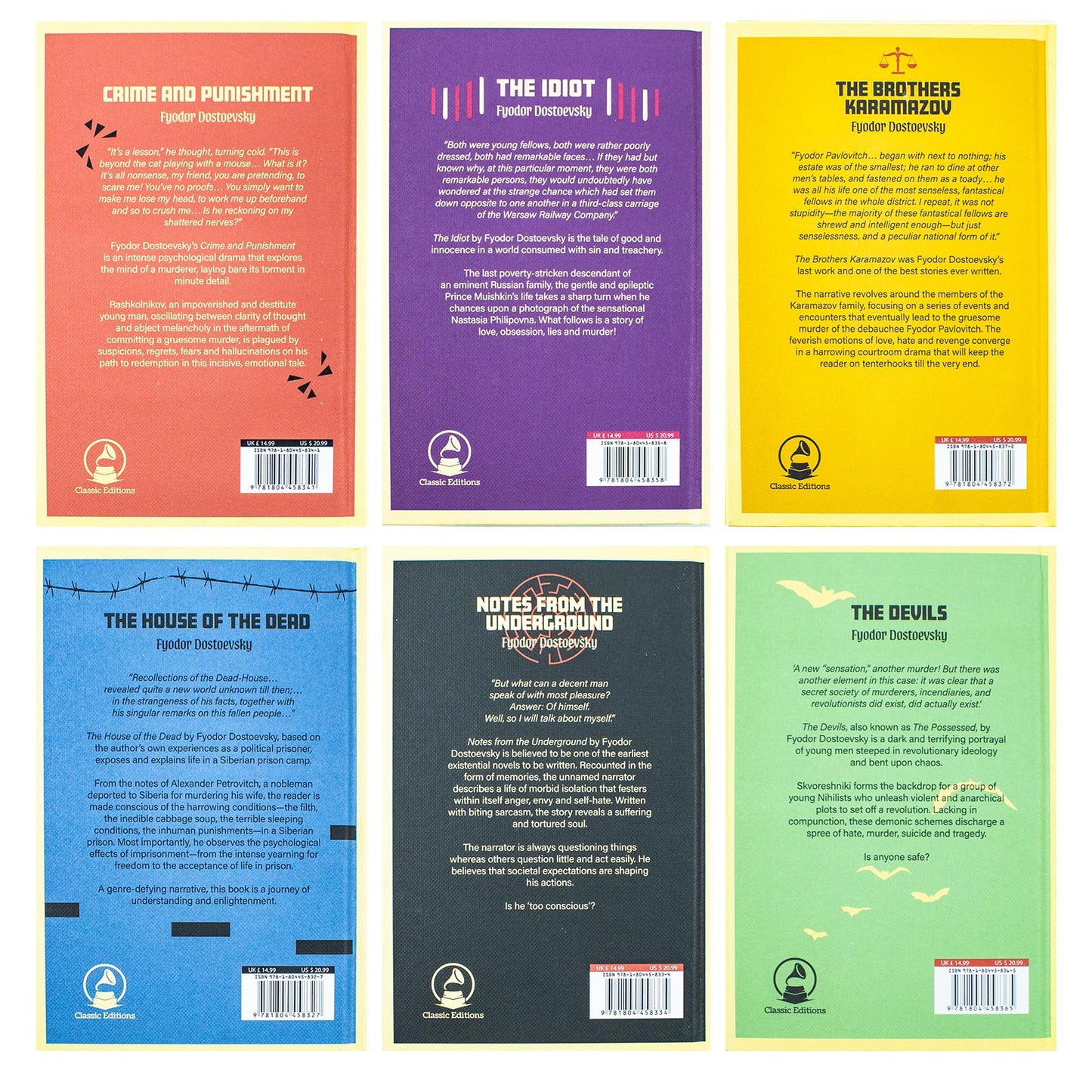 Complete Collection of Fyodor Dostoevsky 6 Hardback Books Box Set: Crime and Punishment, Notes from the Underground, The Idiot, The Brothers Karamazov, The House of the Dead, The Devils