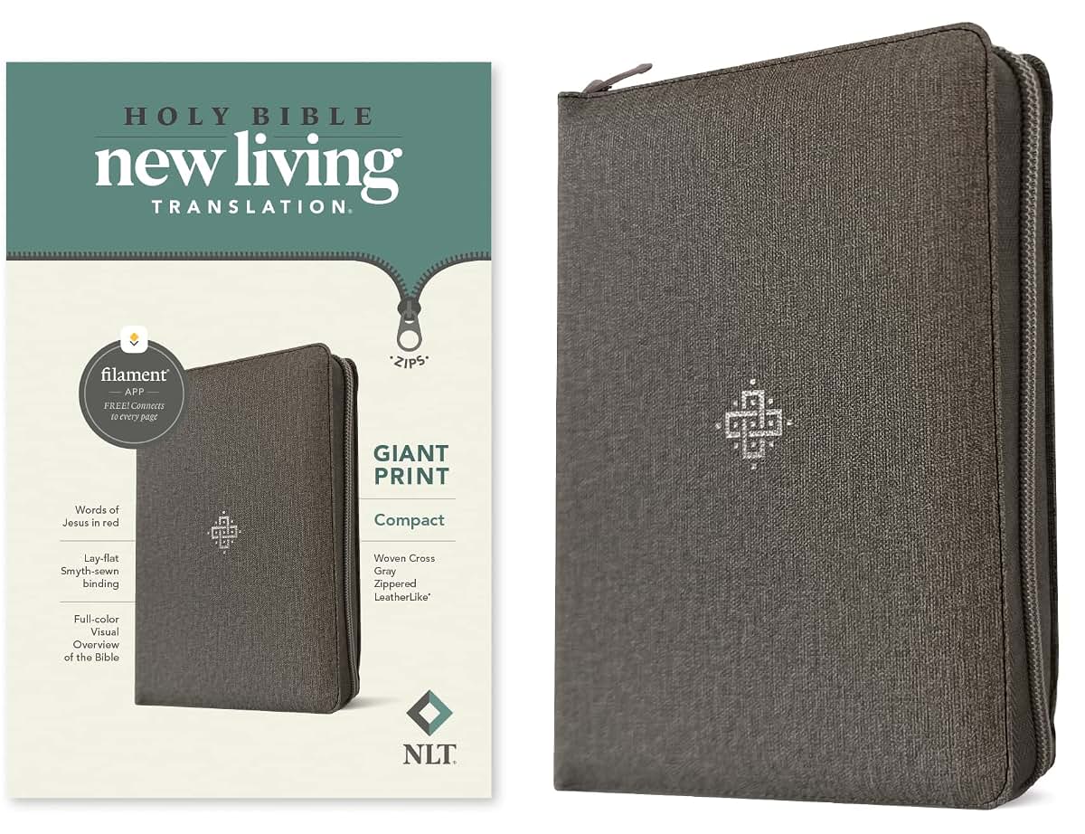 NLT Compact Giant Print Zipper Bible, Filament Enabled (LeatherLike, Woven Cross Gray, Red Letter)