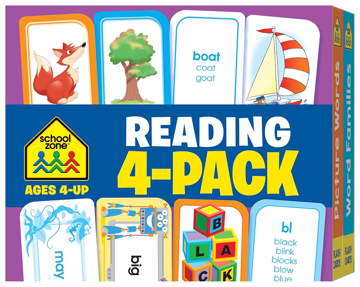 School Zone - Reading 4-Pack Flash Cards - Ages 4+, Kindergarten, 1st Grade, Sight Words, Phonics Made Easy, Word Families, Picture Words, High-Frequency Words, Beginning Reading, Rhyming, and More