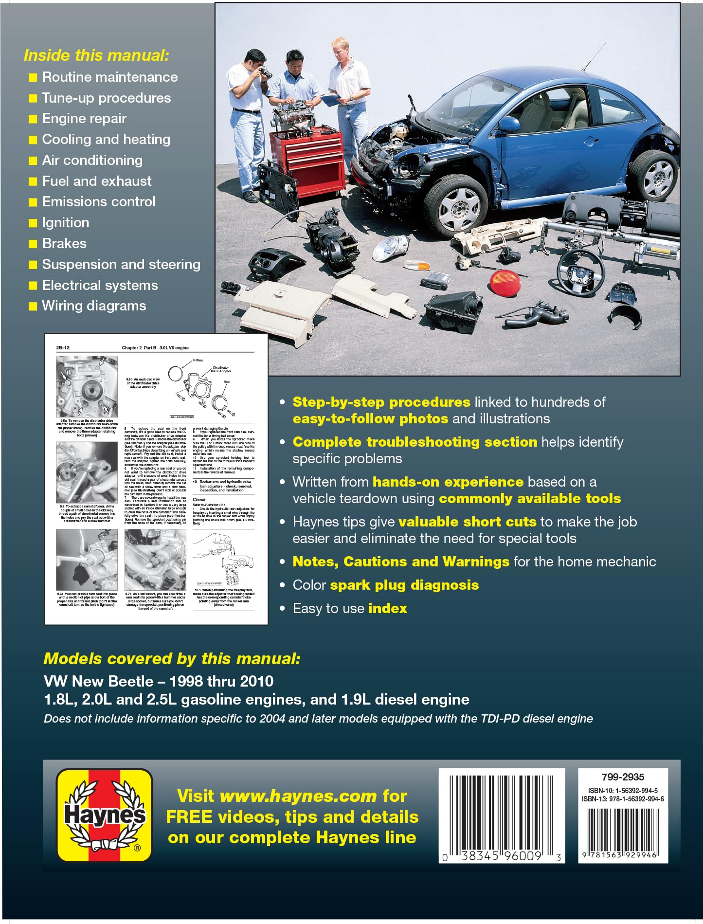 VW New Beetle 1998 thru 2010 Haynes Repair Manual: All Gasoline Engines - TDI Diesel Engine (1998 thru 2004)