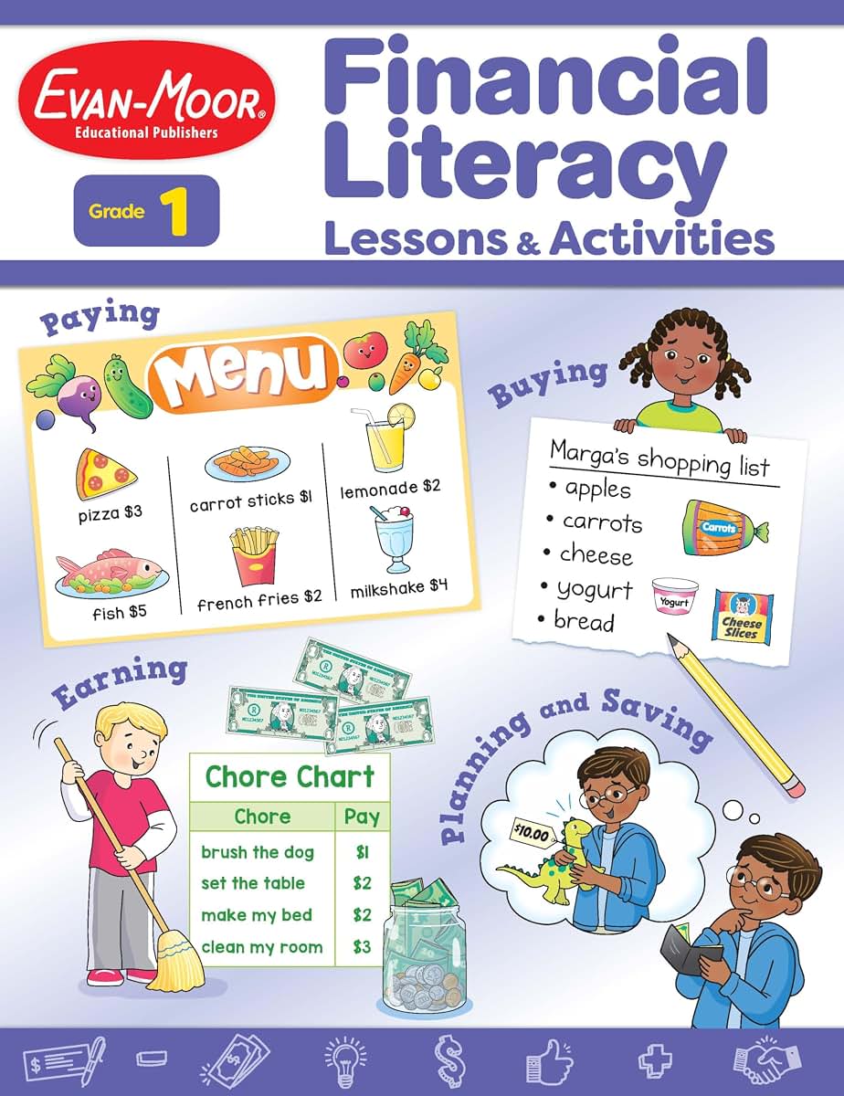 Financial Literacy Lessons and Activities for Grade 1 Teachers Resource Book, Reproducible Worksheets, Homeschool Resources, Classroom Lessons, Math Word Problems, Money Games