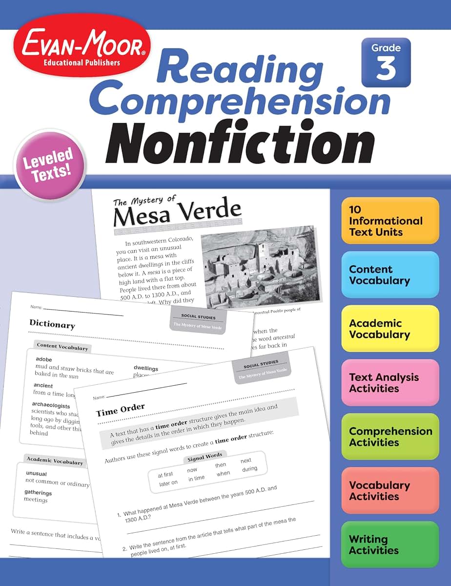 Evan-Moor Reading Comprehension: Nonfiction, Grade 3 - Homeschooling and Classroom Resource Workbook, Biographies, Science, Social studies, Geography, Leveled, Vocabulary, Text structure analysis
