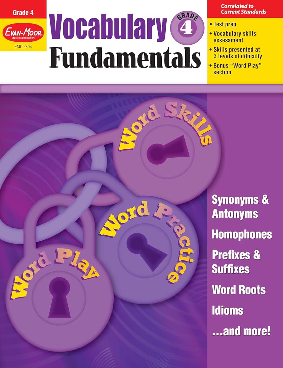 Evan-Moor Vocabulary Fundamentals, Grade 4 Homeschool and Classroom Resource, Reproducible Worksheets, Compound Words, Synonyms, Antonyms, Homophones, Homographs, Prefixes, Root Words, Idioms