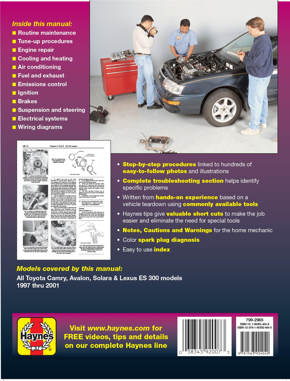 Toyota Camry Avalon Solara & Lexus ES 300 1997 thru 2001 Haynes Repair Manual