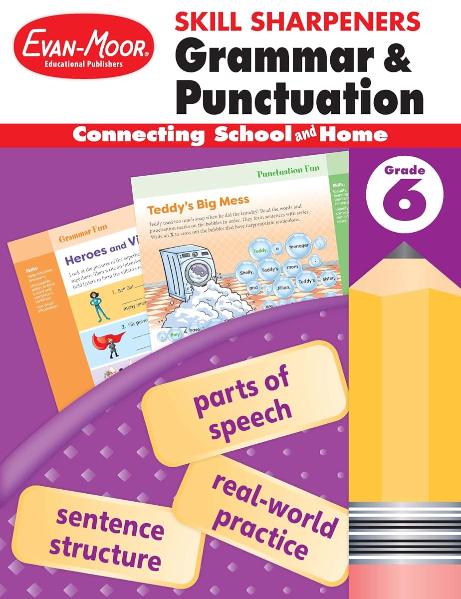 Evan-Moor Skill Sharpeners Grammar and Punctuation Workbook, Grade 6, Nouns, Verbs, Sentence Structure, Subject, Predicate, Language Handbook, Real-World Practice, Fun Activities, Homeschool, Practice