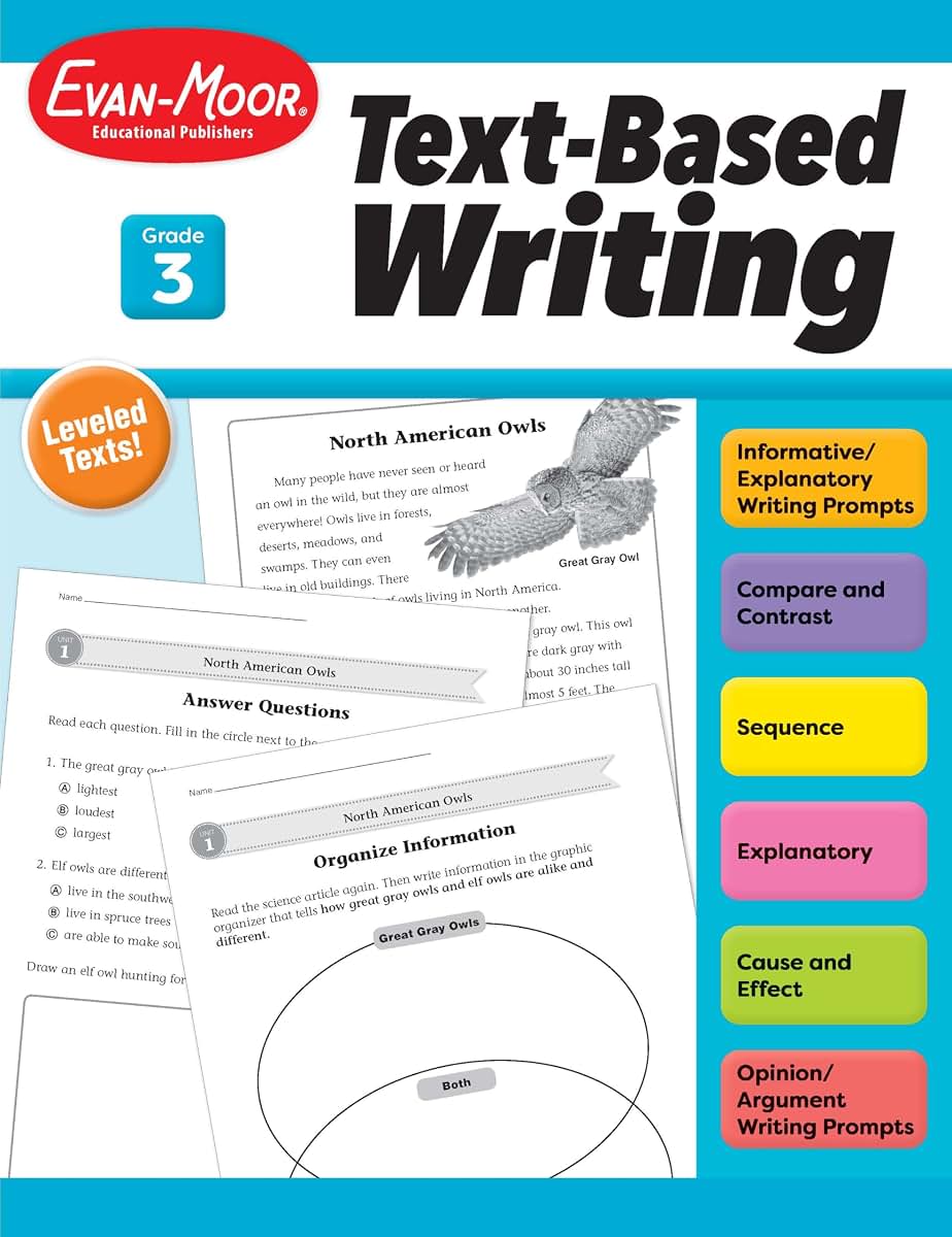 Evan-Moor's Text-Based Writing, Grade 3 - Homeschooling and Classroom Resource Workbook, Citing Evidence, Prompts, Leveled Texts, Informative, Compare and Contrast, Opinion, Sequence, Biography