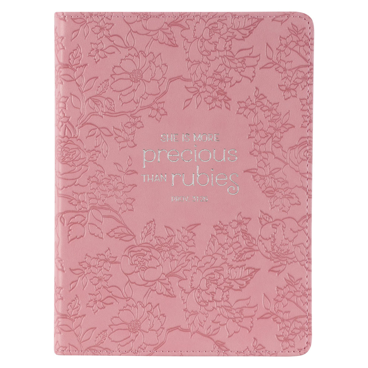 Christian Art Gifts Strawberry Pink Floral Vegan Leather Small Journal Inspirational Scripture Women's Notebook More Precious Than Rubies Bible Verse Proverbs 3:15, 240 Ruled Pages, Ribbon 5.7" x 7"