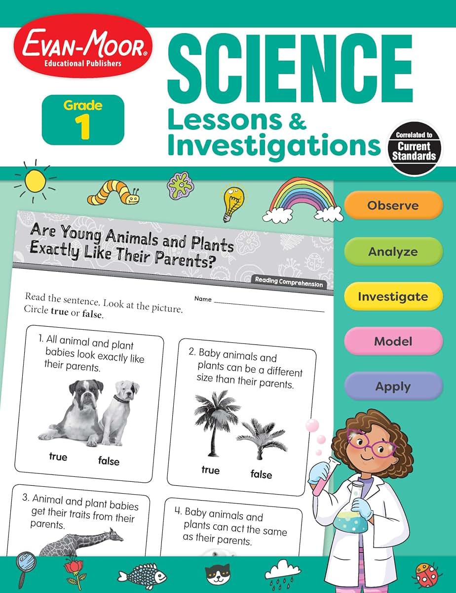 Evan-Moor Science Lessons and Investigations, Grade 1, Homeschool and Classroom Teaching Resource Workbook, Reproducible Worksheets, Observe, Analyze, ... Physical (Science Lessons & Investigations)