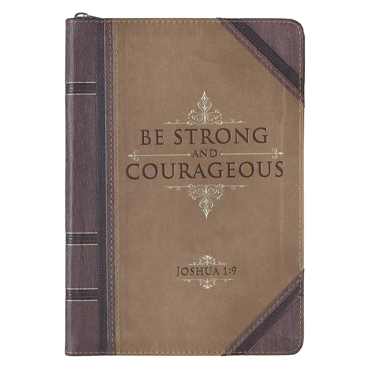 Christian Art Gifts Brown Vegan Leather Zipped Journal, Inspirational Mens Notebook Be Strong Scripture, Flexible Cover, 336 Ruled Pages, Ribbon Bookmark, Joshua 1:9 Bible Verse