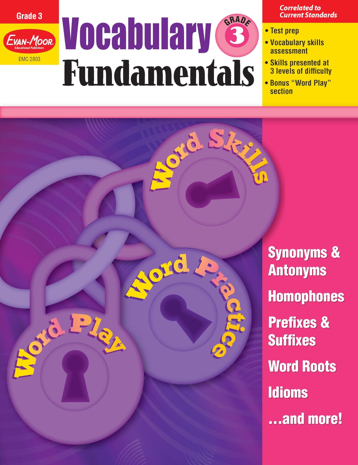 Evan-Moor Vocabulary Fundamentals, Grade 3 Homeschool and Classroom Resource, Reproducible Worksheets, Compound Words, Synonyms, Antonyms, Homophones, Homographs, Prefixes, Root Words, Idioms