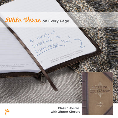 Christian Art Gifts Brown Vegan Leather Zipped Journal, Inspirational Mens Notebook Be Strong Scripture, Flexible Cover, 336 Ruled Pages, Ribbon Bookmark, Joshua 1:9 Bible Verse