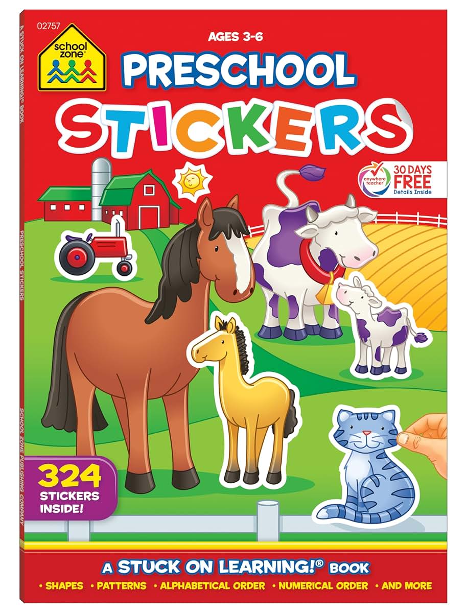 School Zone Stickers for Preschool Workbook: Preschool to Kindergarten, 324 Stickers, Shapes, Patterns, ABC's, Numbers, and Letters (Stuck on Learning Book Series)