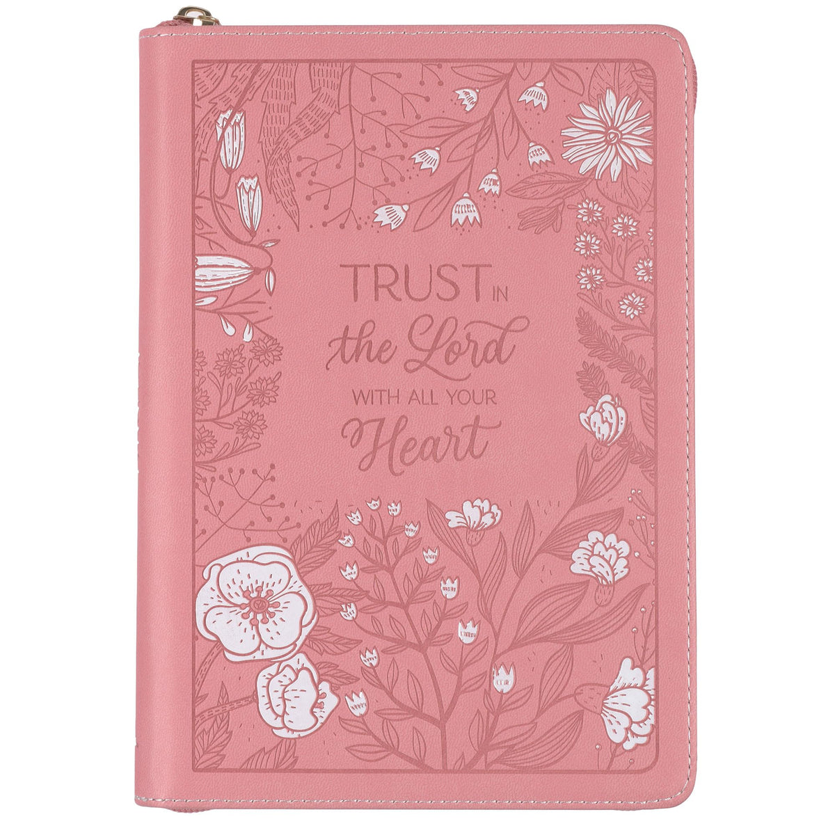 Christian Art Gifts Pink Vegan Leather Zipped Journal, Inspirational Notebook Trust in the Lord Scripture, Flexible Cover, 336 Ruled Pages, Bookmark, Proverbs 3:5 Bible Verse