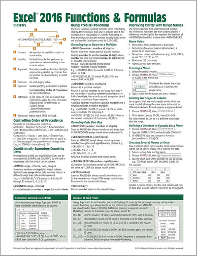 Microsoft Excel 2016 Functions & Formulas Quick Reference Card - Windows Version (4-page Cheat Sheet focusing on examples and context for ... functions and formulas - Laminated Guide)