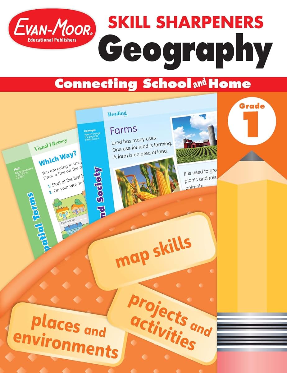 Evan-Moor Skill Sharpeners: Geography, Grade 1 Activity Book - Supplemental At-Home Resource Geography Skills Workbook