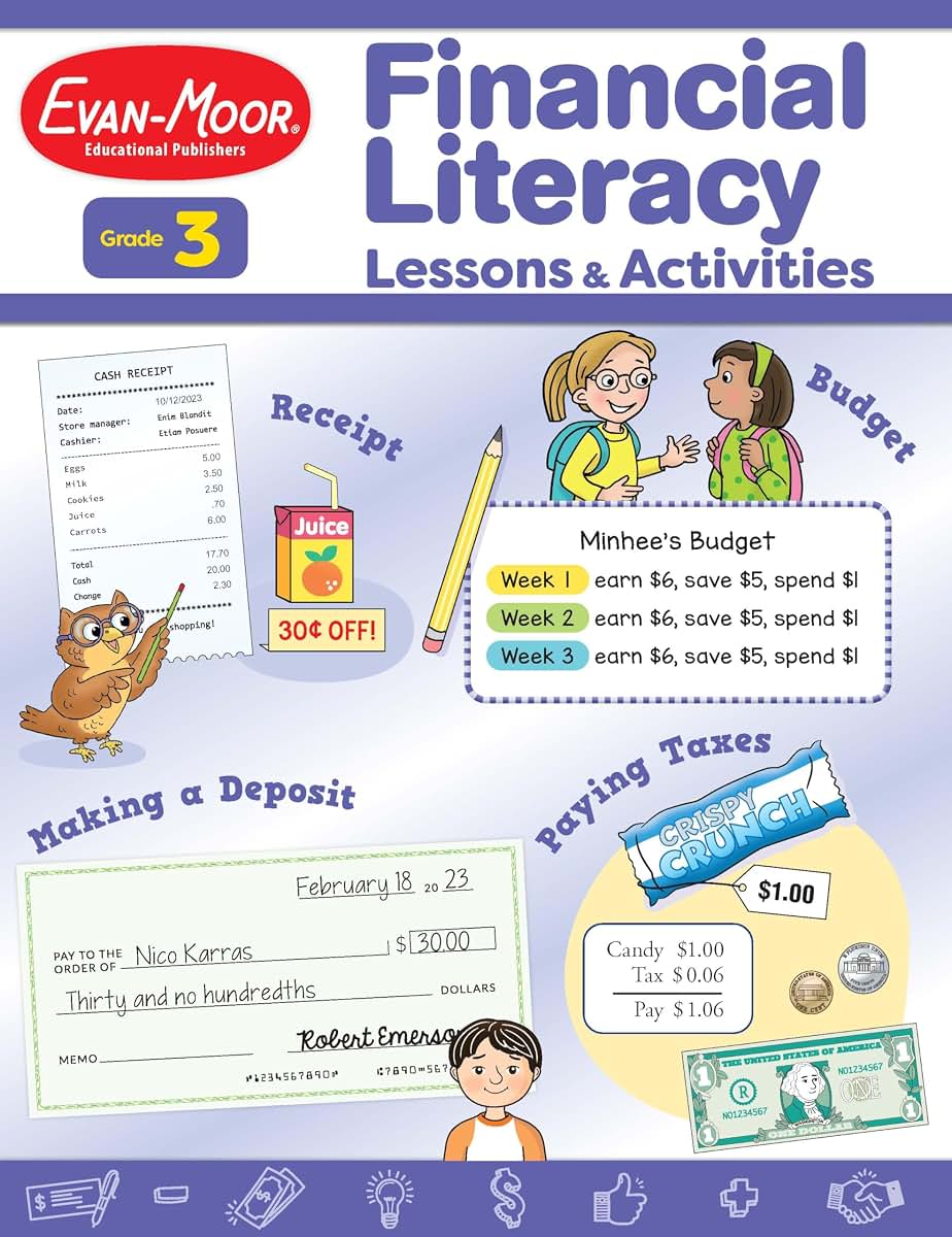 Financial Literacy Lessons and Activities for Grade 3 Teachers Resource Book, Reproducible Worksheets, Homeschool Resources, Classroom Lessons, Math Word Problems, Money Games